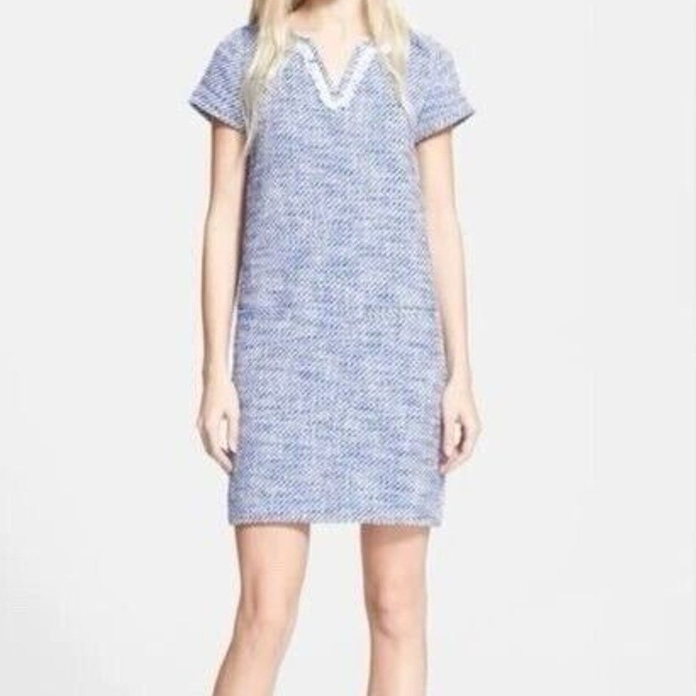 Kate Spade Blue White Tweed Fringe V-Neck Shift Dress Preppy Old Money Beachy 10